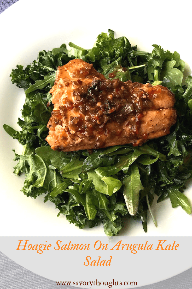 Easy, delightful, delicious, nutritious Hoagie Hoagie Salmon On Arugula Kale Salad recipe that is ready in 30 minutes or less with little to no effort. Savory Thoughts | #Salmon # Protein #salad #arugula #Kale #Hoagiespread #salmonsalad #hoagiesalmon Salmon covered with Hoagie spread on a bed of arugula kale salad