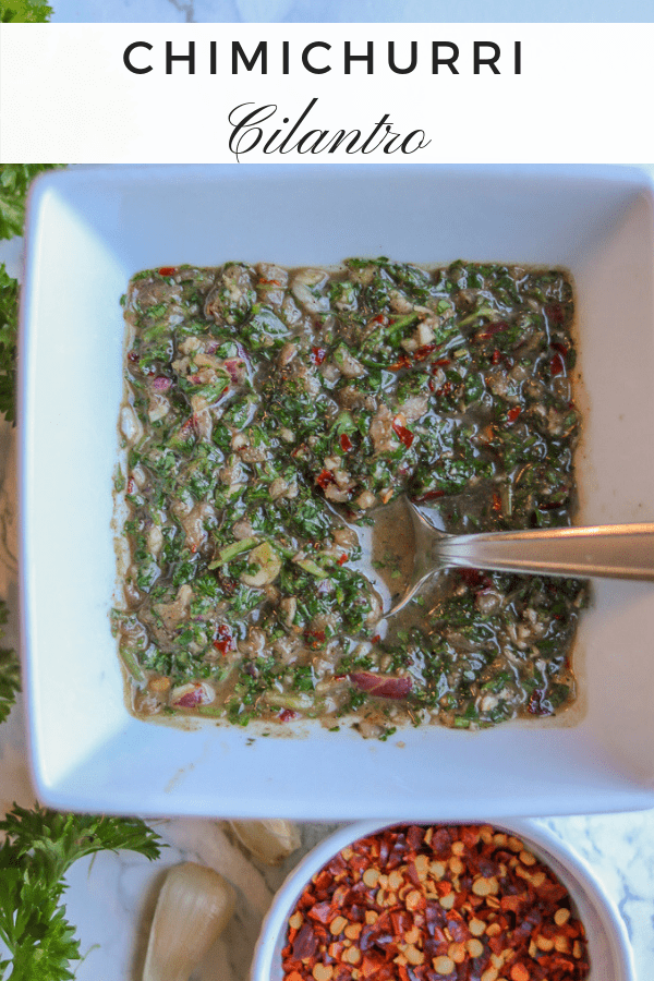 Chimichurri Cilantro Scrumptious chimichurri cilantro made with fresh parsley. Chimichurri dressing blended with garlic, olive oil, and apple cider vinegar. Delicious on beef, fish, and chicken. It is gluten-free, paleo, and vegan! If you have never made this chimichurri sauce, you are in for an EPIC change with your taste buds. This herbal sauce is filled with bold flavors.