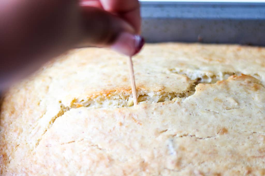 Plantain Bread - Plantain Cake - Savory Thoughts Plantain Bread - Savory Thoughts - toothpick inserted in plantain bread. If you are not familiar with plantain bread (plantain cake), you are in for a treat. This bread is gluten-free, delicious, and is a perfect alternative to banana bread and a great way to use your ripe plantains.