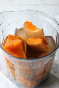 Soup Joumou - Haitian Squash Soup - Butternut Squash with water and broth in a blender - Savory Thoughts.
