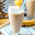 Easy Breezy Healthy Pineapple Banana Smoothie. Perfect year-around tropical drink. A great blend of pineapple and banana mixed with almond milk. Works well with other fruits and vegetables. No sugar added. It is so refreshing, especially if strawberries are added to make a healthy pineapple banana strawberry smoothie. The possibilities are endless!