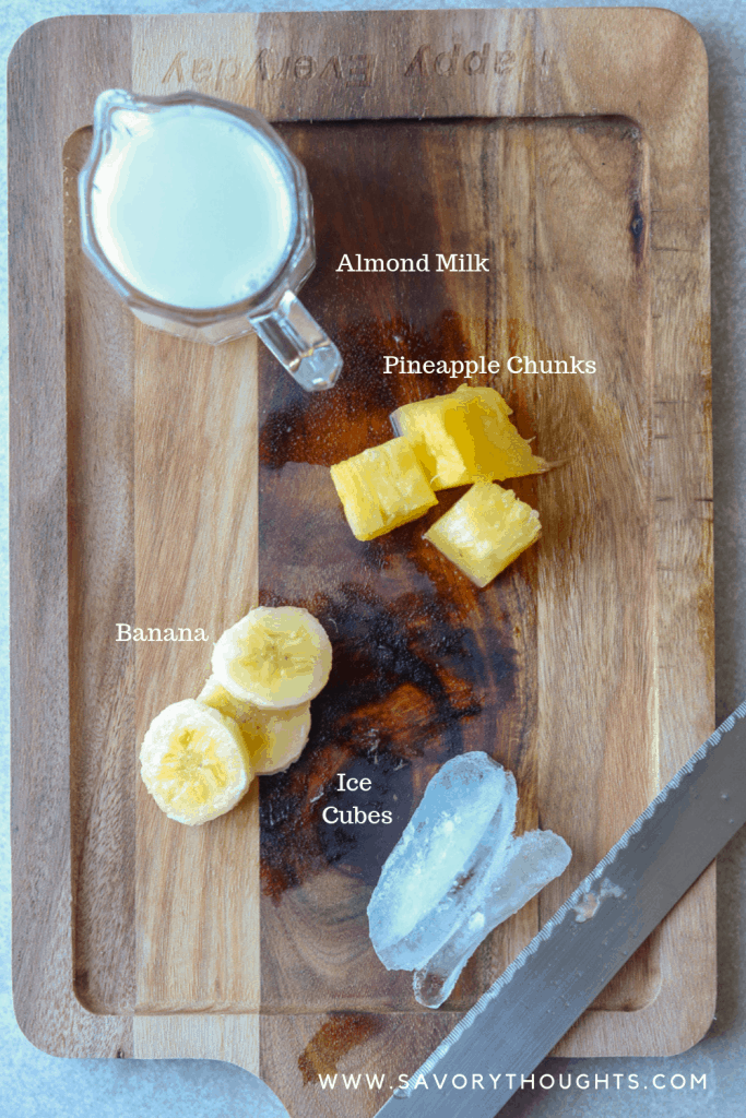Easy Breezy Healthy Pineapple Banana Smoothie. Smoothies are always a healthy choice and are perfect year-around. This smoothie is a perfect blend of pineapple and banana mixed with almond milk. It works well with other fruits and vegetables. No sugar added. It is so refreshing, especially if strawberries are added to make a healthy pineapple banana strawberry smoothie. The possibilities are endless!
