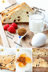 List of ingredients to make brioche French toast recipe. also showing step by step instructions in the pictures