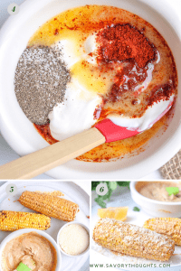 Ingredients and step by step pictures for Mexican street corn on the cob. The first picture shows the sour cream, chili powder, salt and pepper, and butter mixed in a small bowl. the second picture shows the finished mixture and two corn on the cob on a white plate with one on the cob topped with the mixture. The third picture shows the one corn on the cob with the mixture in the back ground and an extra corn in the bak as well. One of the corn is topped with cotija cheese.