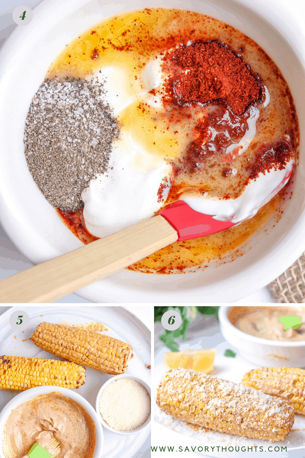 Ingredients and step by step pictures for Mexican street corn on the cob. The first picture shows the sour cream, chili powder, salt and pepper, and butter mixed in a small bowl. the second picture shows the finished mixture and two corn on the cob on a white plate with one on the cob topped with the mixture. The third picture shows the one corn on the cob with the mixture in the back ground and an extra corn in the bak as well. One of the corn is topped with cotija cheese. 