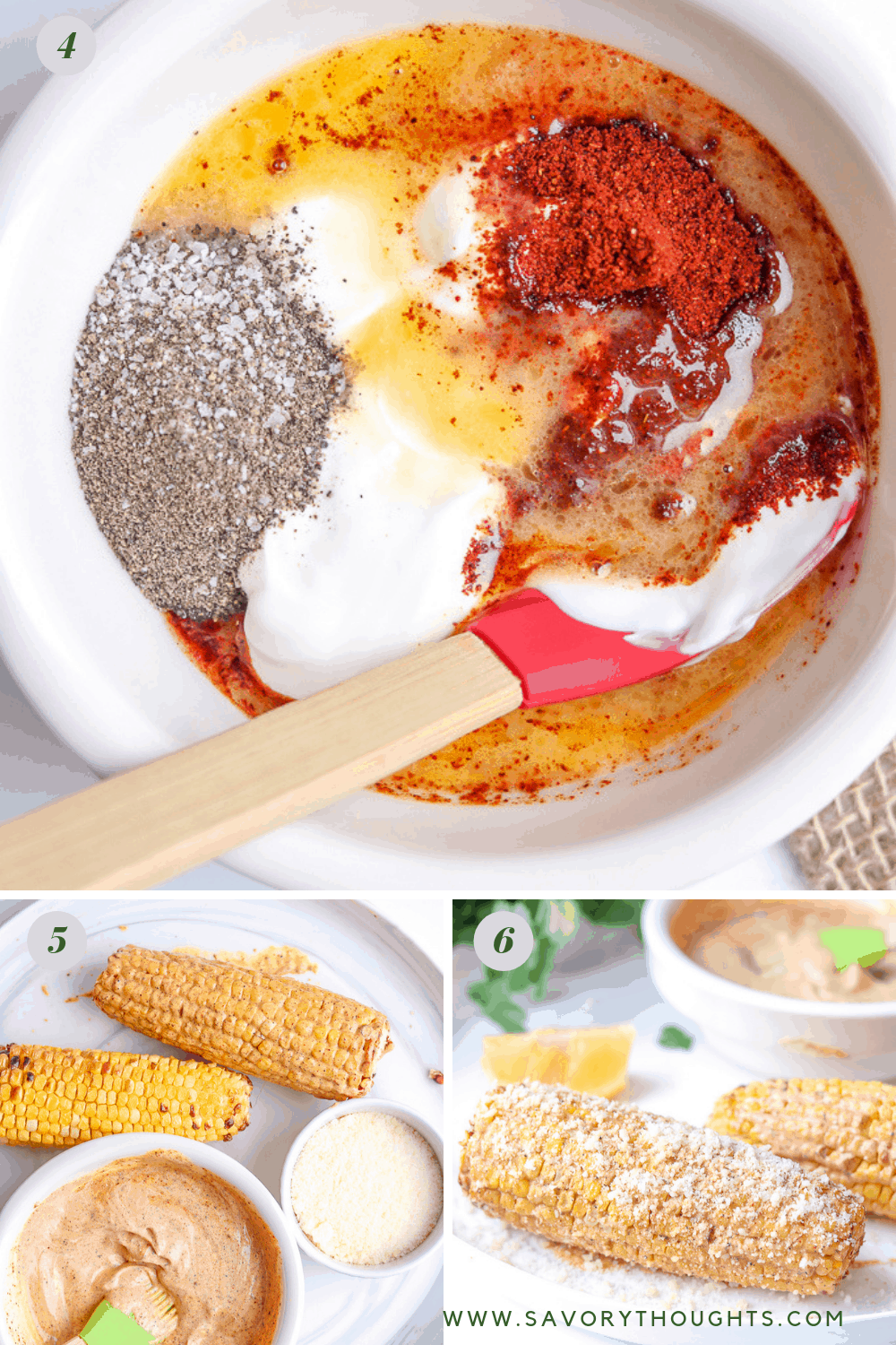 Ingredients and step by step pictures for Mexican street corn on the cob. The first picture shows the sour cream, chili powder, salt and pepper, and butter mixed in a small bowl. the second picture shows the finished mixture and two corn on the cob on a white plate with one on the cob topped with the mixture. The third picture shows the one corn on the cob with the mixture in the back ground and an extra corn in the bak as well. One of the corn is topped with cotija cheese.
