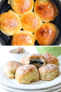 air fryer Oreos in air fryer basket and on a plate sprinkled with powdered sugar.