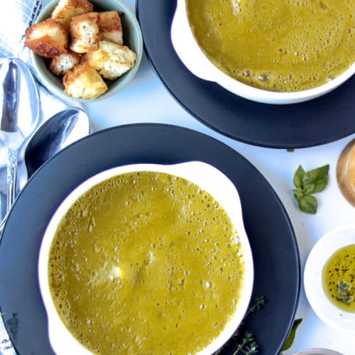 Green soup butternut squash soup in two bowls