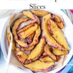 Pinterest Pin for Roasted Acorn Squash Slices in white white bowl