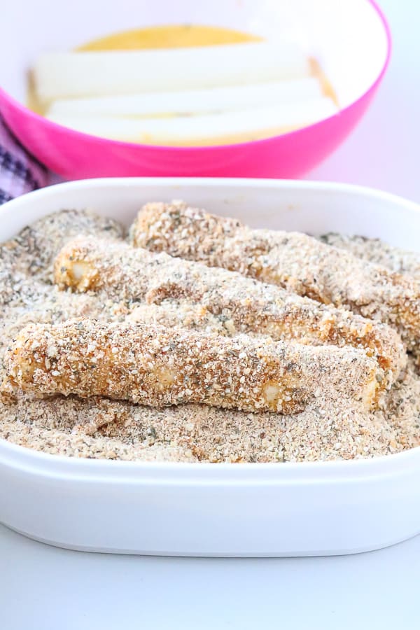 mozzarella sticks in bread mixture