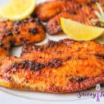 Cajun Fish with lemon and rosemary on white plate