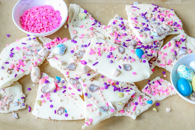 Broken WHITE CHOCOLATE EASTER BARK on Parchment Paper