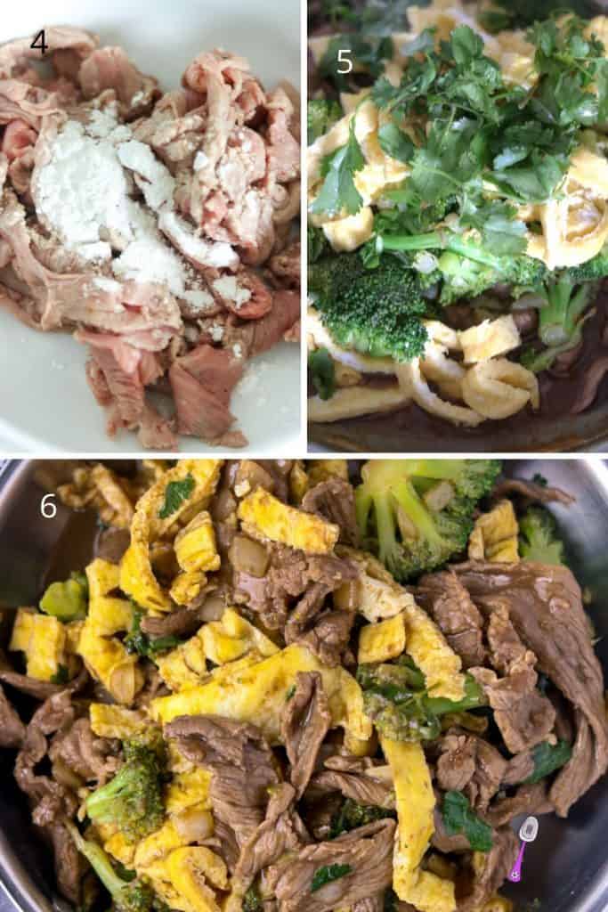 step by step photo guide with beef, broccoli and eggs in skillet