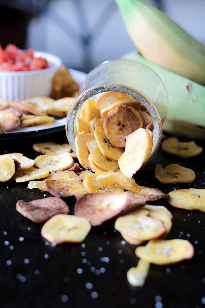 Plantain chips on black board