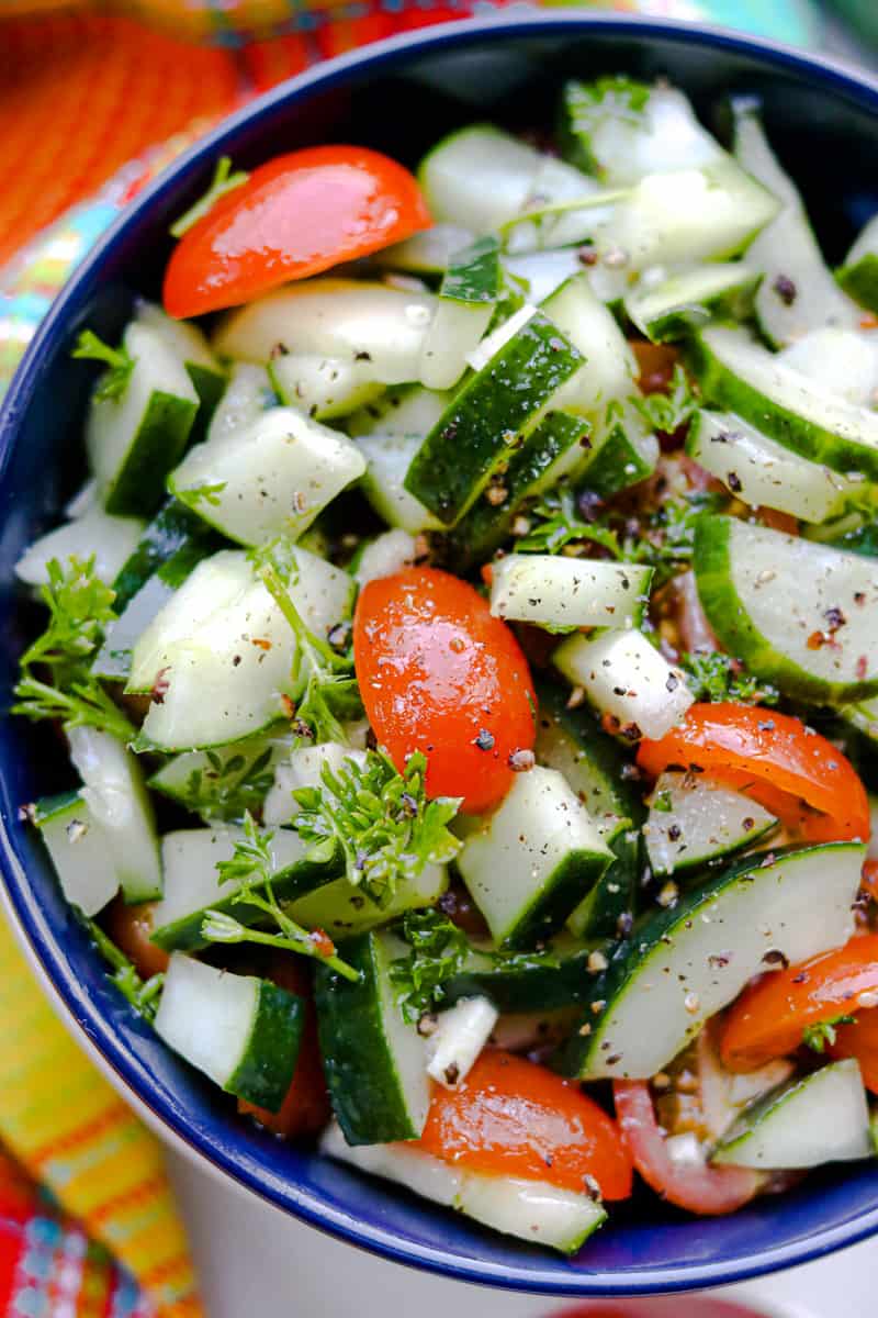 Cucumber Salad in blue bowl