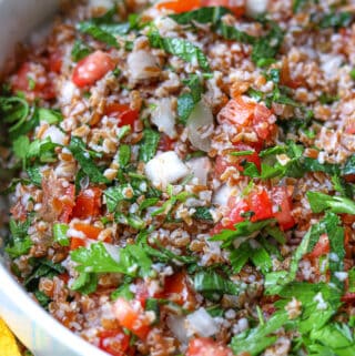 Tabbouleh recipe in white bowl