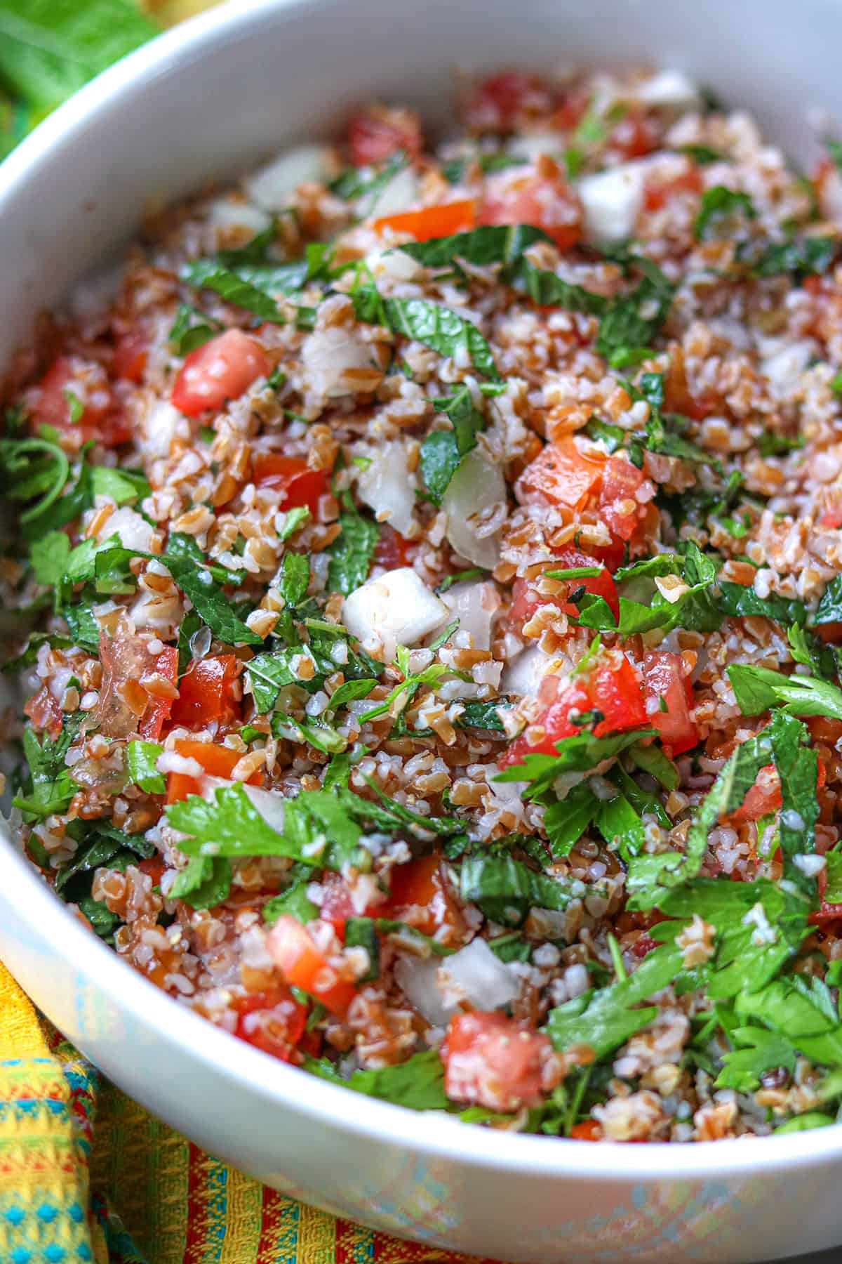 Tabbouleh recipe in white bowl