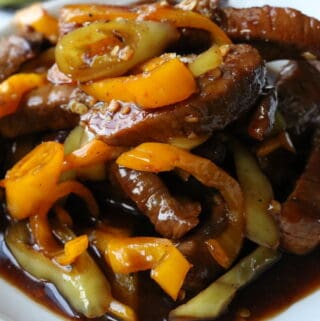 banana pepper steak on white plate