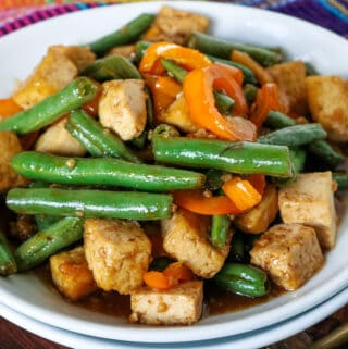 Green Beans Tofu Recipe on white plate