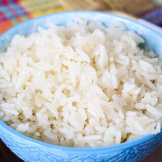 white rice in a blue bowl