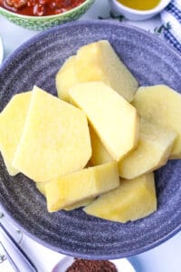 Sliced yams in gray bowl