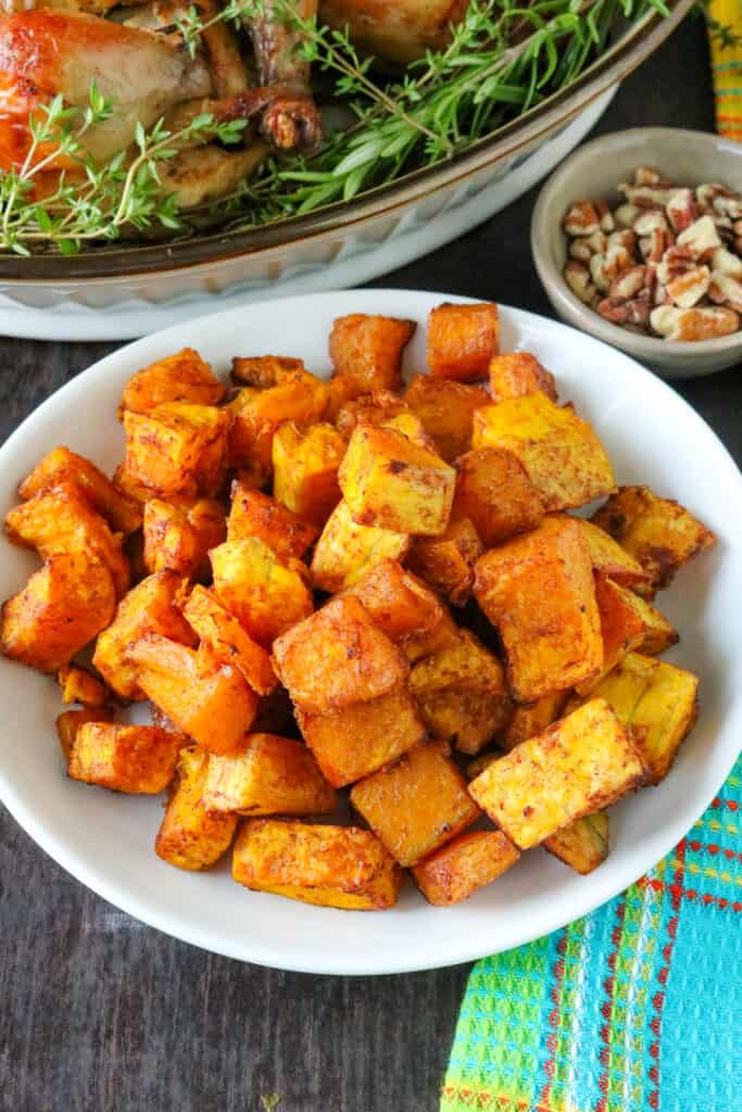 squash cubes in white plate