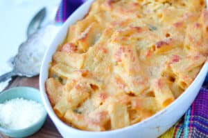 Baked Haitian Mac and Cheese in white dish