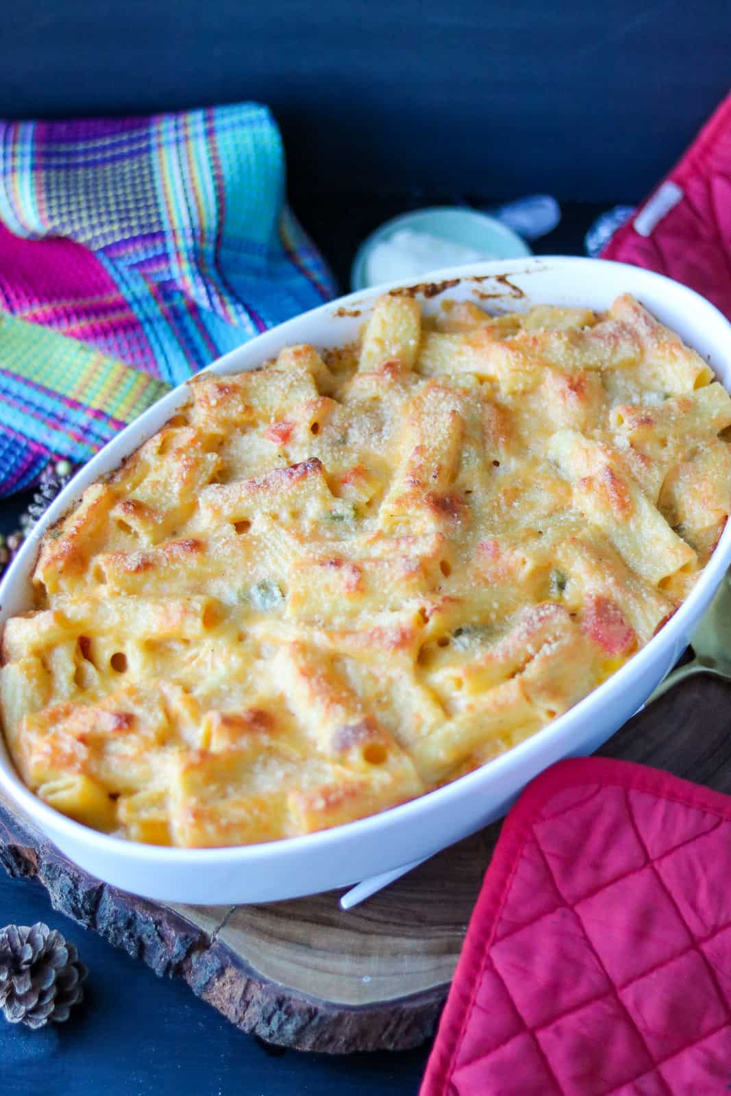 Mac and cheese in white baking dish