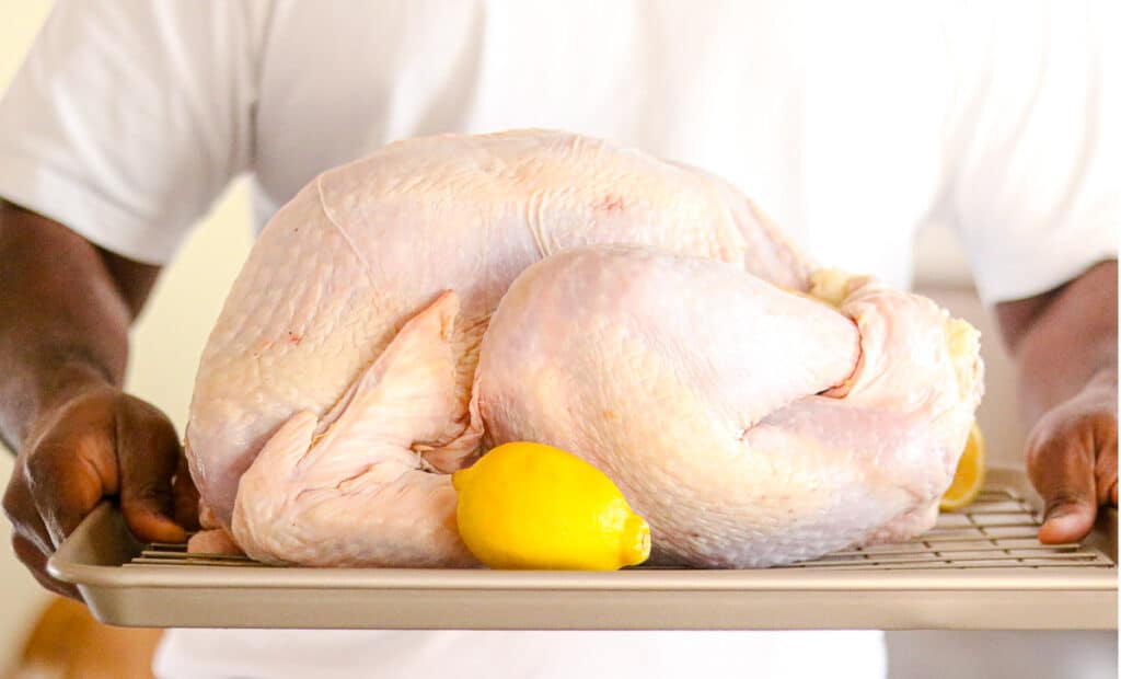 hand holding a turkey on a tray with lemon