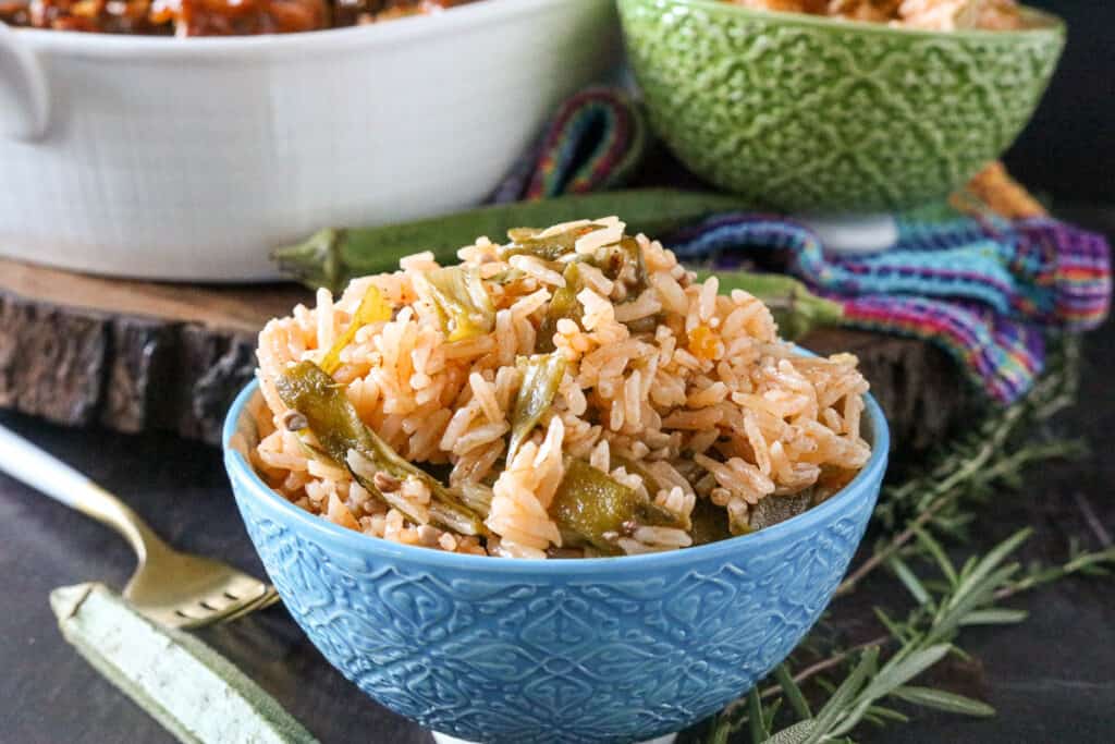 Rice and Orange in blue bowl