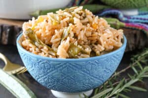 Rice and Orange in blue bowl