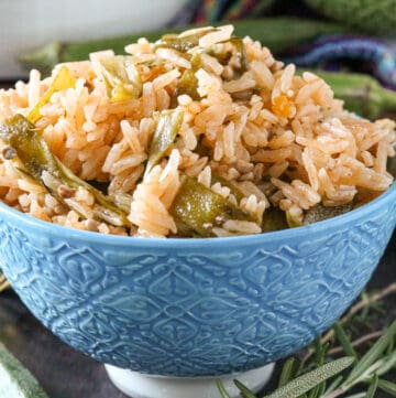 Rice and Orange in blue bowl