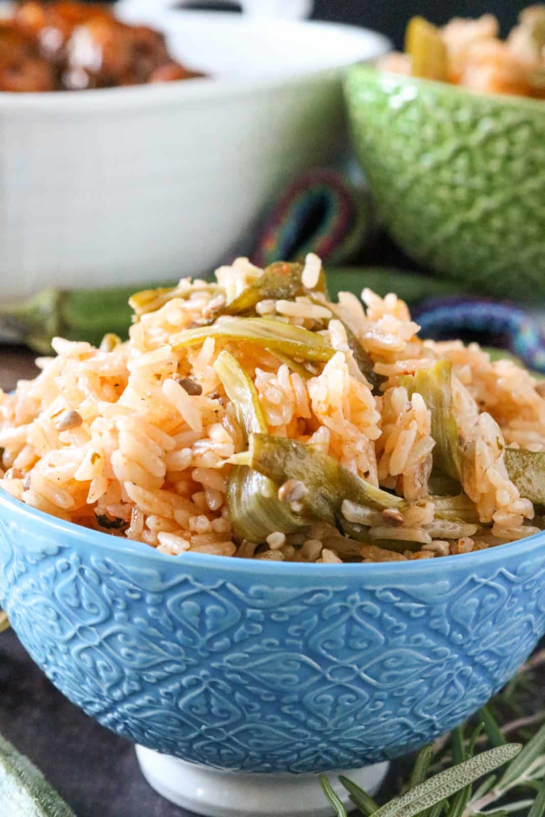 okra rice recipe in blue bowl