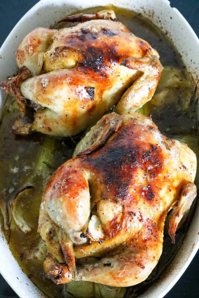 Air Fryer Cornish Hen in baking dish