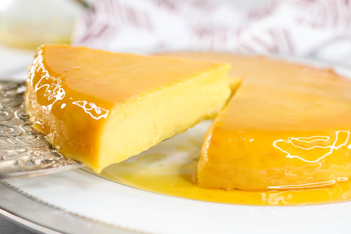 Cut out Flan Sliced being lifted