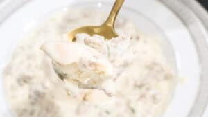 gravy and biscuits lifted with gold spoon