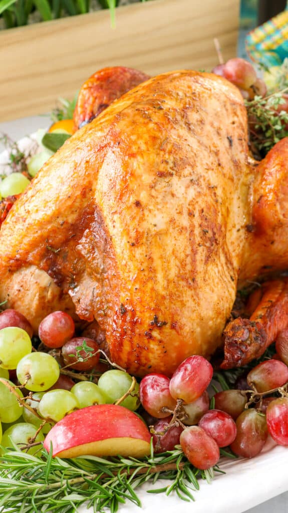 Whole turkey on a bed of grapes, apples, fresh herbs on a white platter