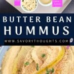 Pinterest Pin for hummus with ingredients on top and complete dip at the bottom