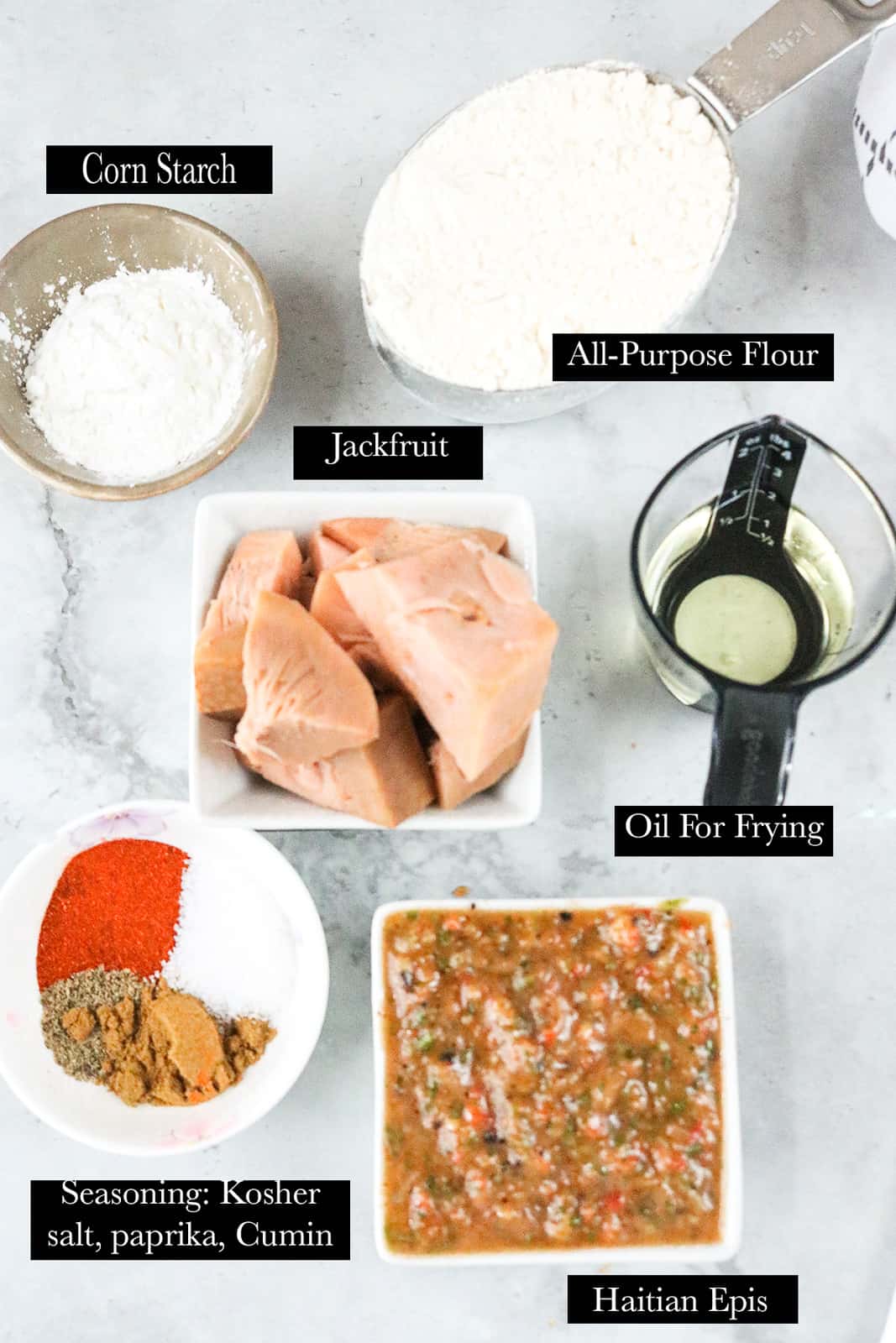 List of ingredients with names on gray board