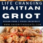 vegan Haitian griot Recipe Pinterest Pin with words and blue block background