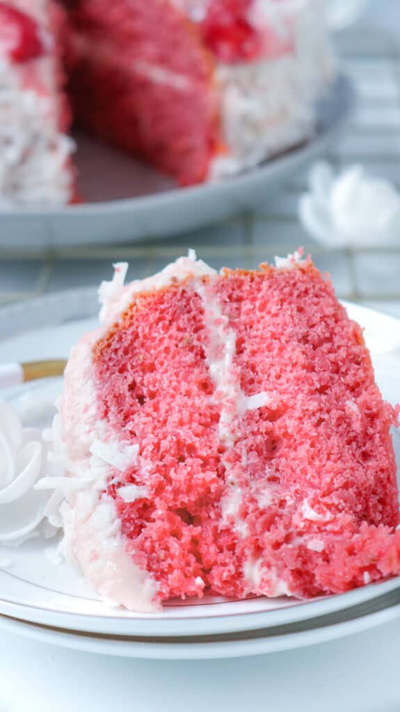 Closeup cake slice on plate with whole cake in the background- Savory Thoughts