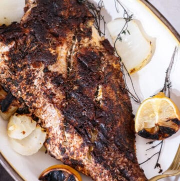 Closeup grilled snapper with onions and herbs