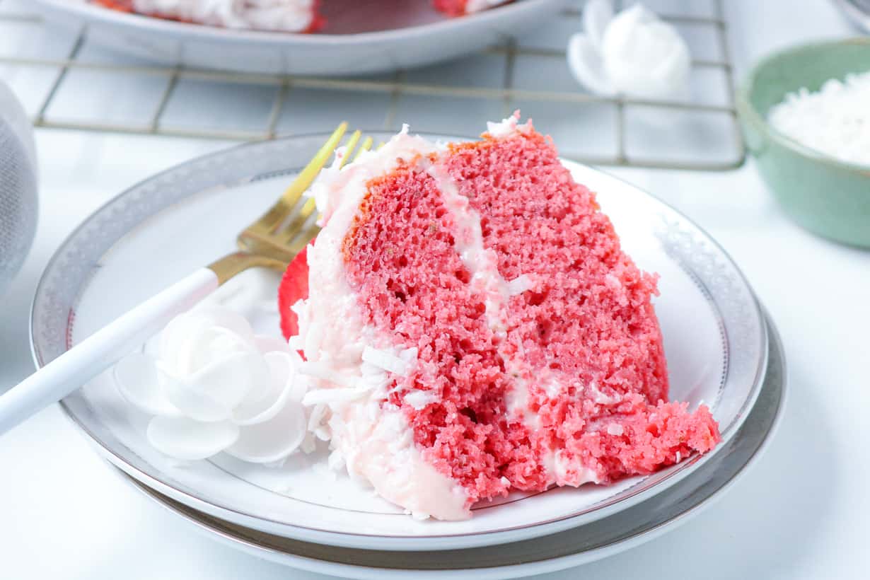 strawberry layer cake on plate