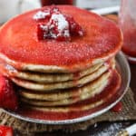syrup covered pancakes stack