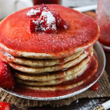 syrup covered pancakes stack