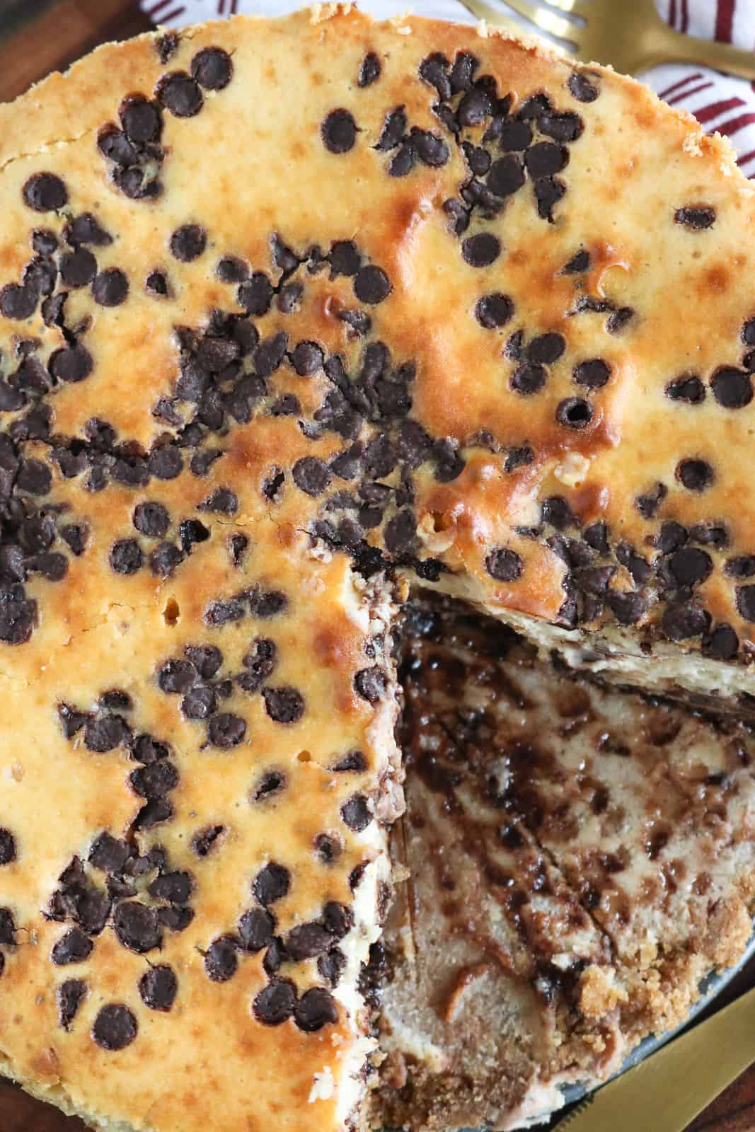 Overhead view of chocolate chip cake