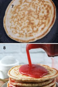 cooked pancake topped with syrup
