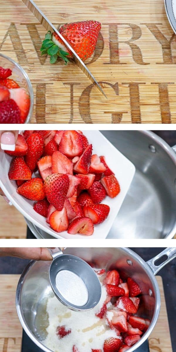3 pictures of step by step guide to make syrup with fresh fruits