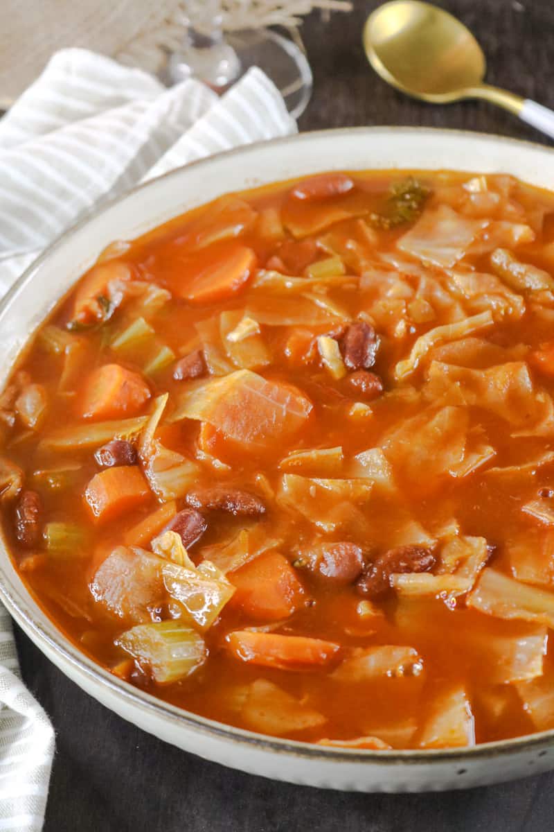 cabbage soup in white bowl