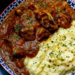 overhead picture of stew and turnip mash